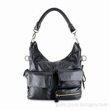 Black Cowhide Leather Bag in Fashionable Design, with Front Zipped Pocket